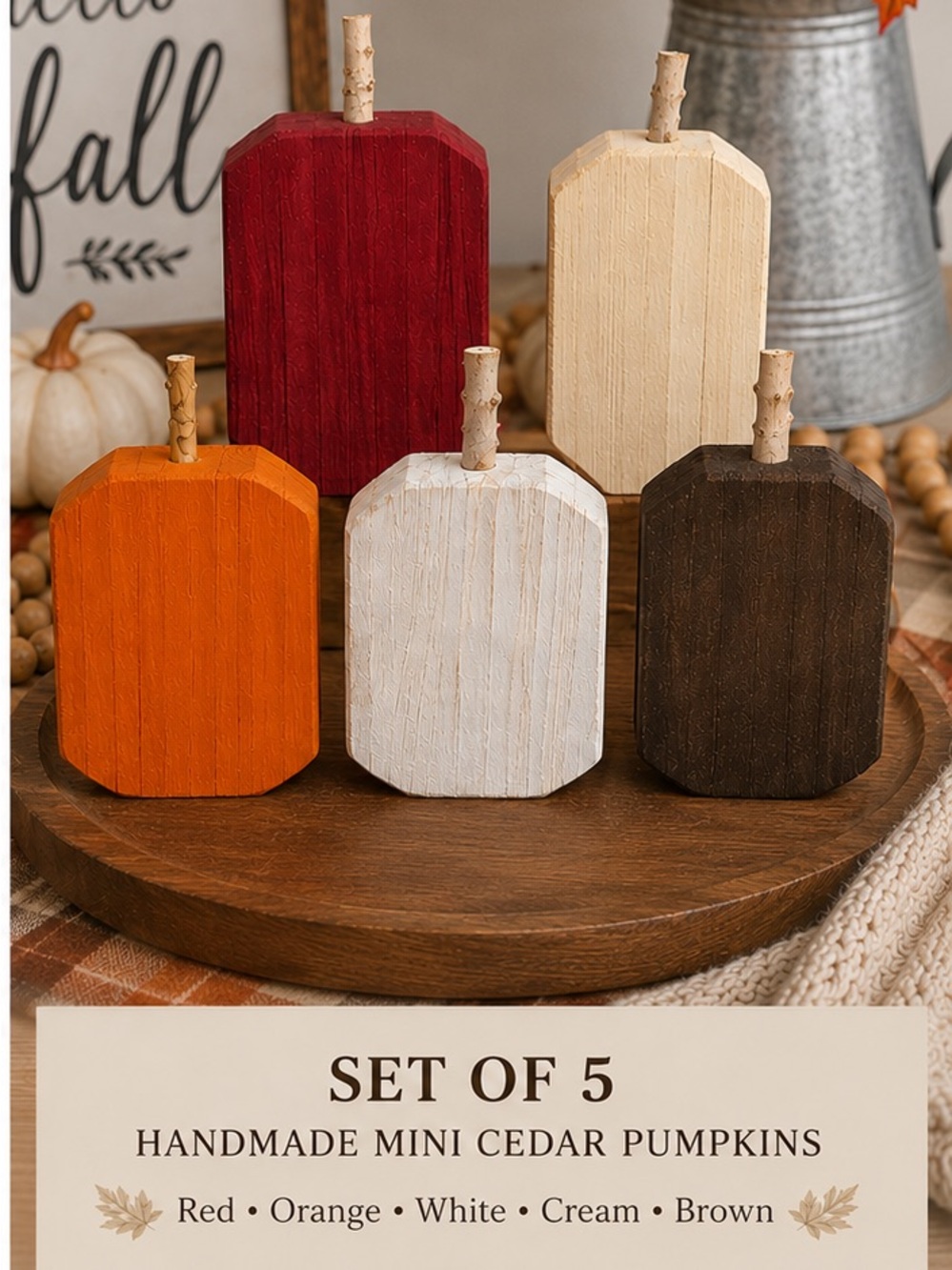 Handmade Cedar Wood Pumpkins Set of 5 Rustic Fall Autumn Decor
